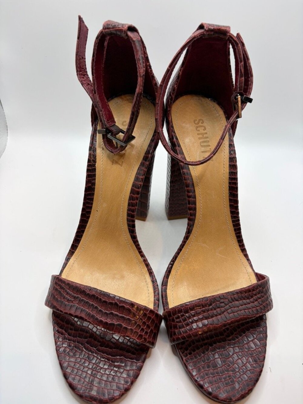 Schutz Enida Burgundy Wine Croc Embossed Leather Ankle Strap Dress Sandals Size